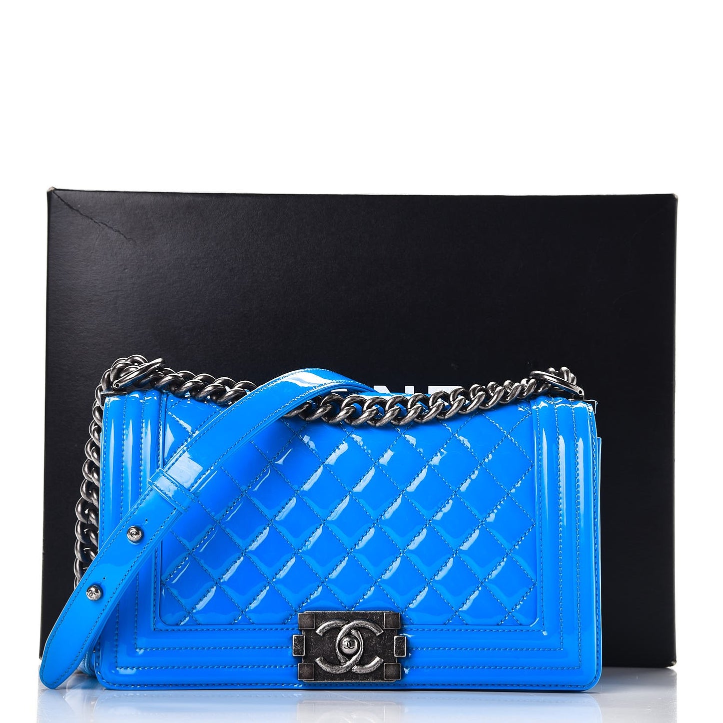 Patent Calfskin Quilted Medium Boy Flap Blue