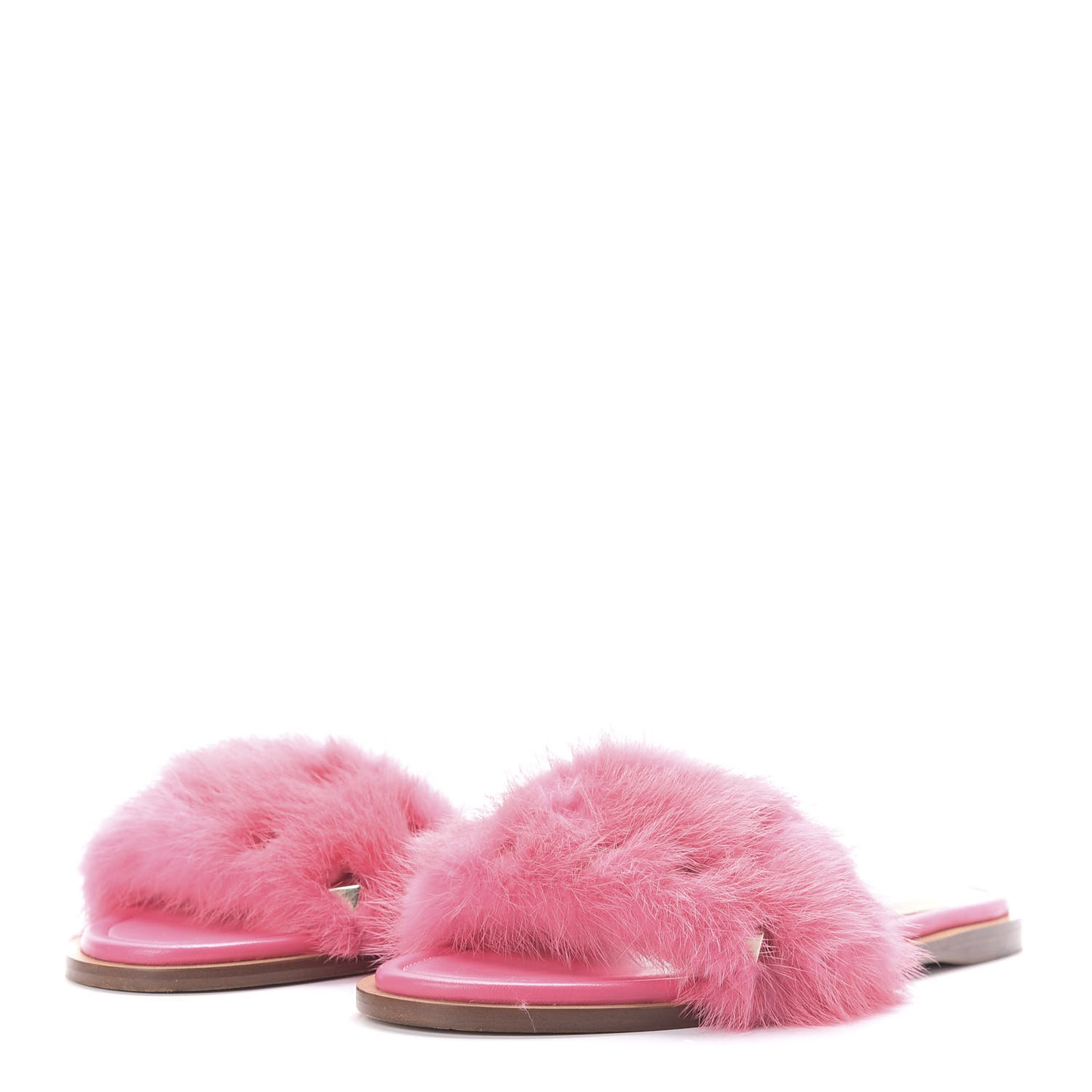 Mink Fur Rockstud Flat Slide Sandals 37 Shadow Pink
