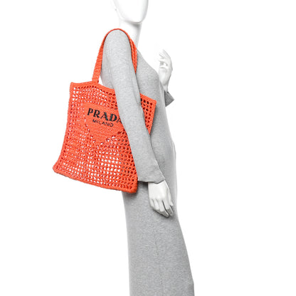 Prada Yarn Raffia Effect Crochet Logo Embroidered Tote Bag Arancio 2 of 9