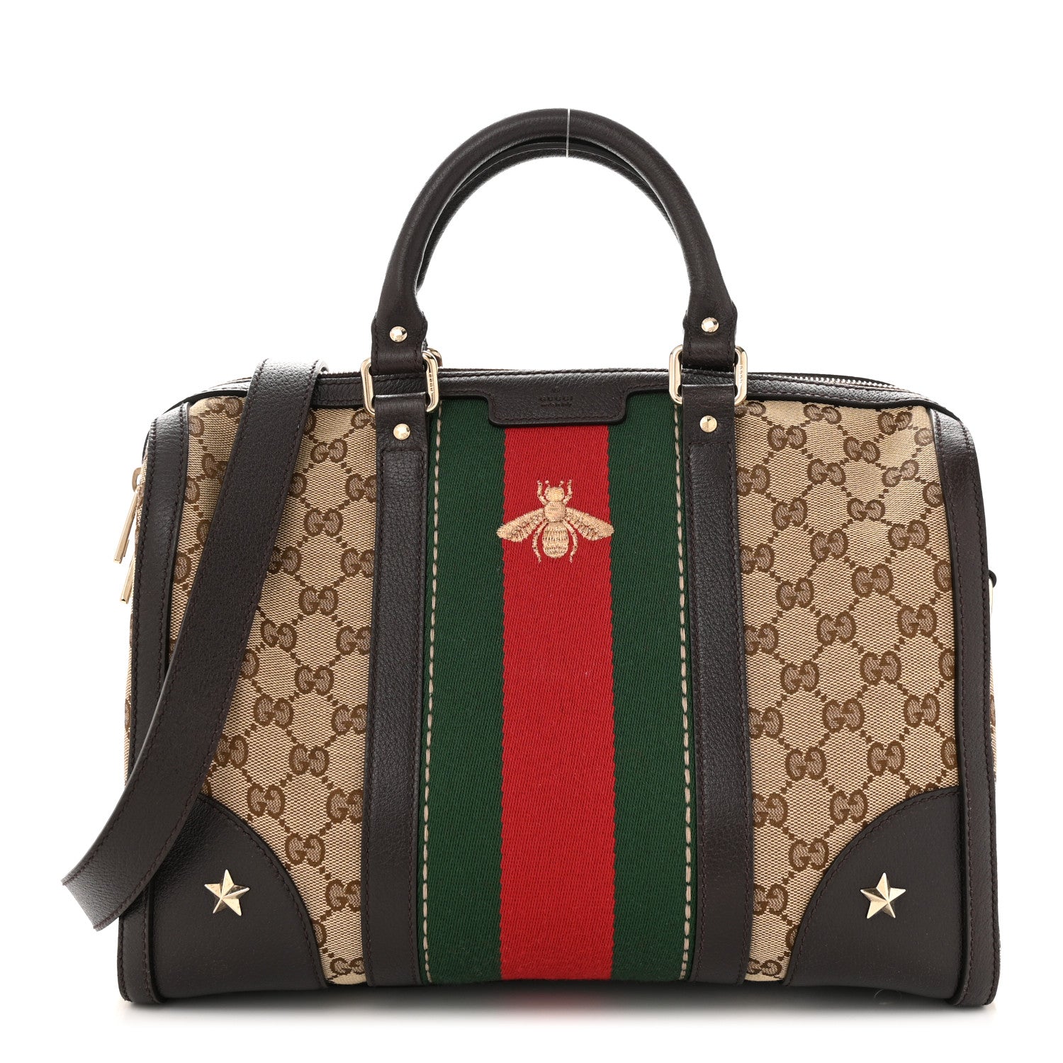 Gucci Monogram Vintage Web Medium Webby Bee Boston Dark Brown 1 of 12