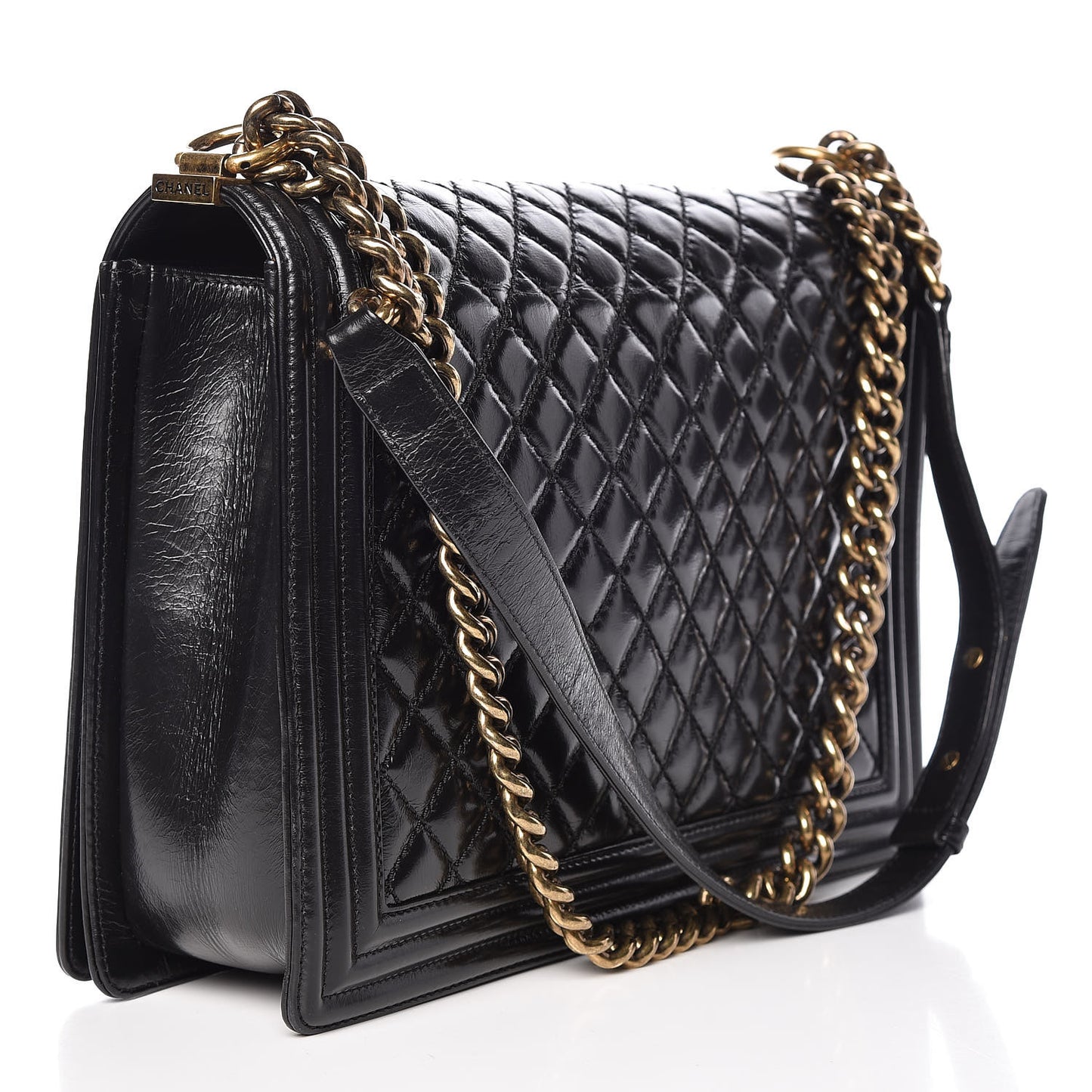 Glazed Calfskin Quilted Large Boy Flap Black