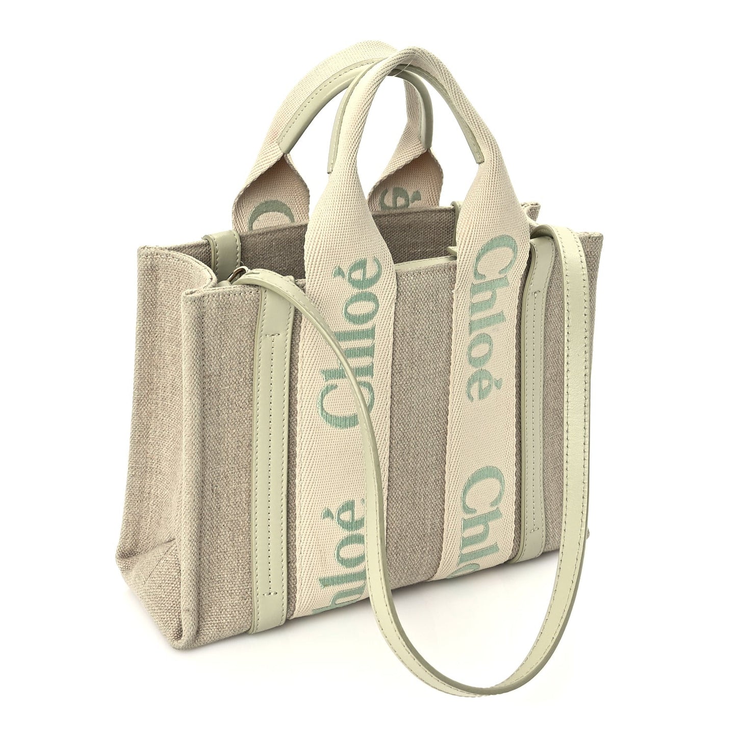 Linen Calfskin Small Woody Ribbon Tote With Strap  Light Eucalyptus