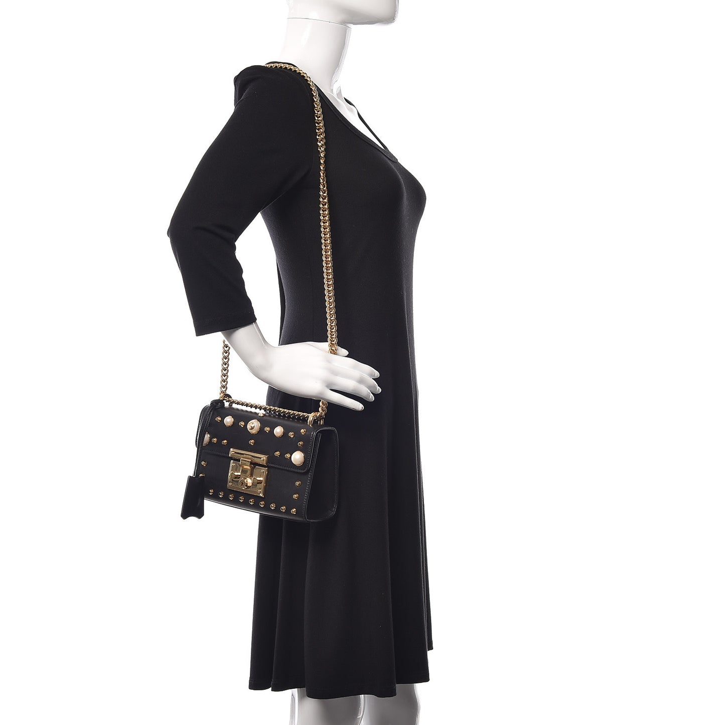 Calfskin Studded Small Padlock Shoulder Bag Black