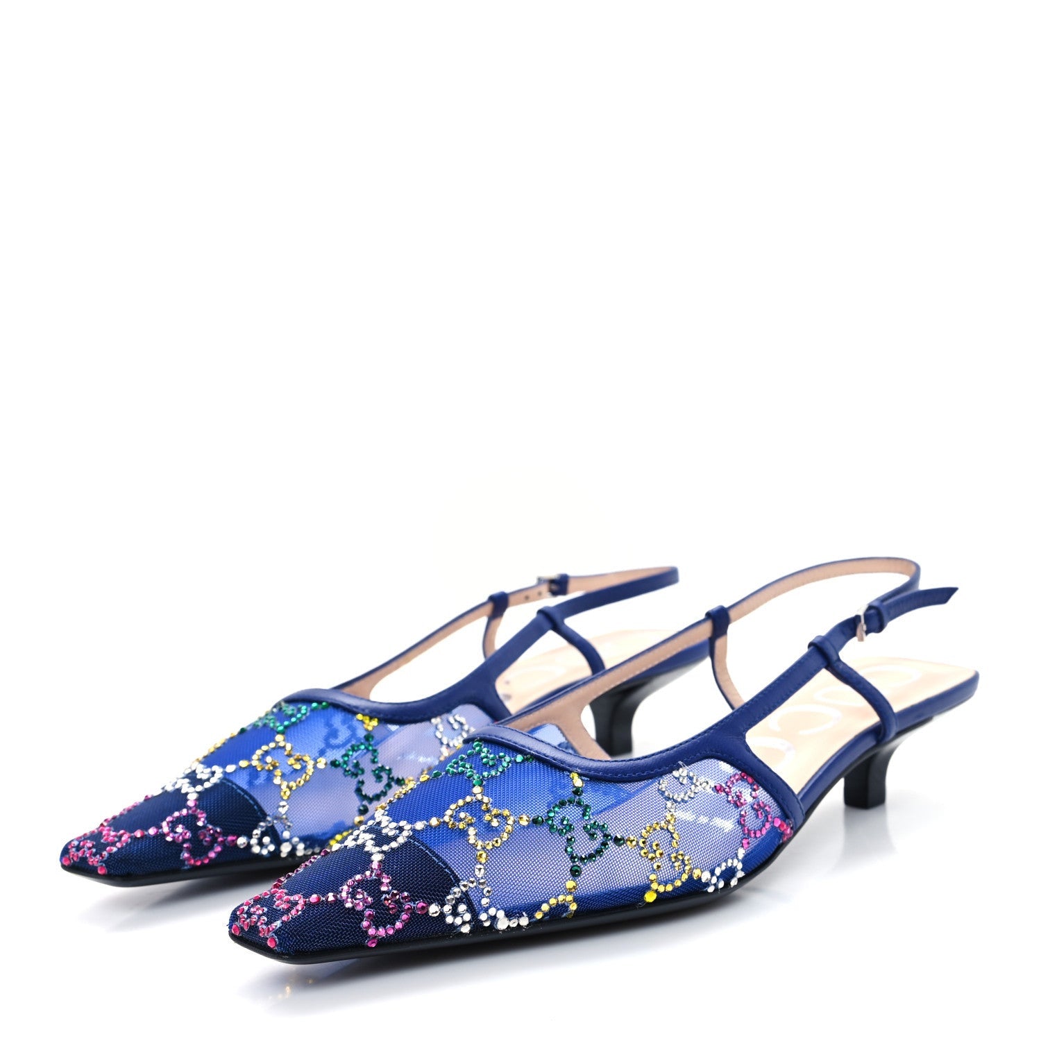 Gucci Tela Retino Nappa Charlotte Crystal GG Monogram Square G 35mm Slingback Pumps 35.5 Splash Net Blue Witch 4 of 7