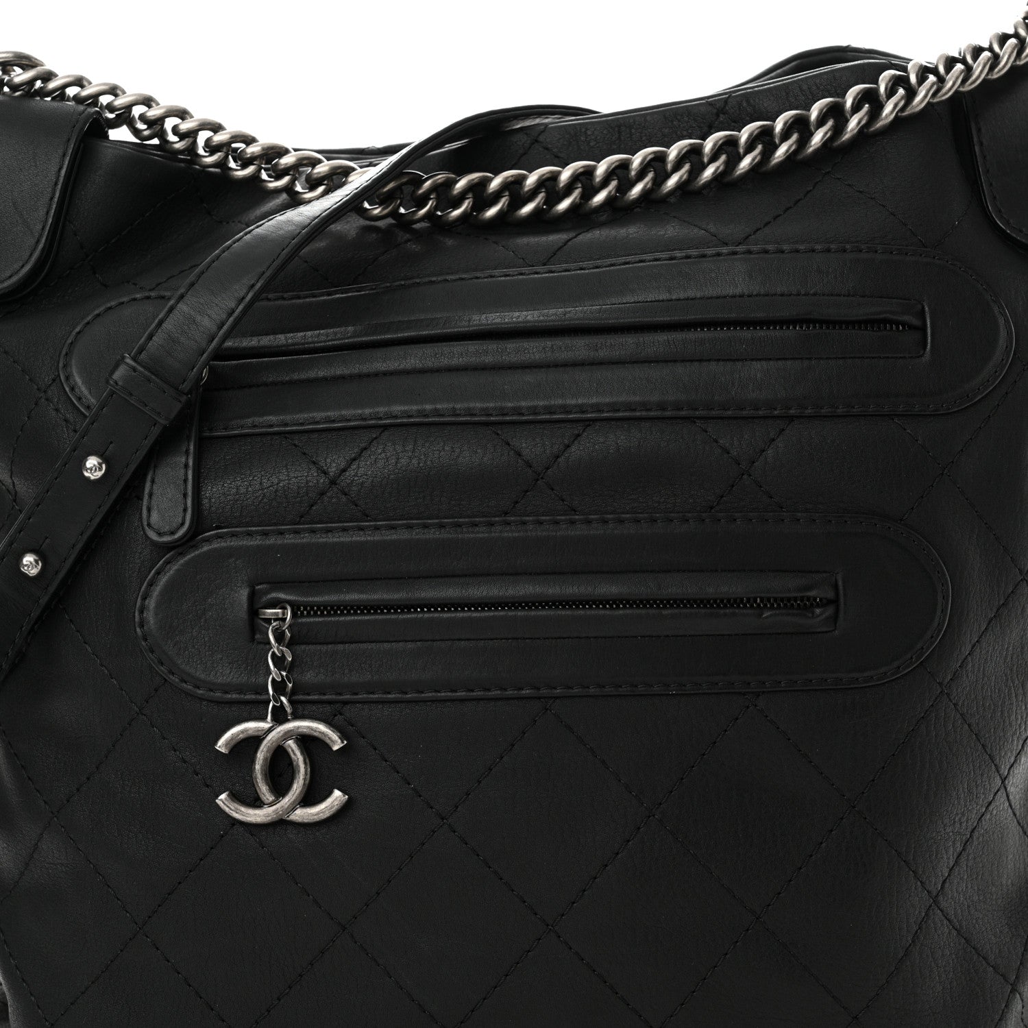 Chanel Calfskin Stitched Double Zip Hobo Black 8 of 10