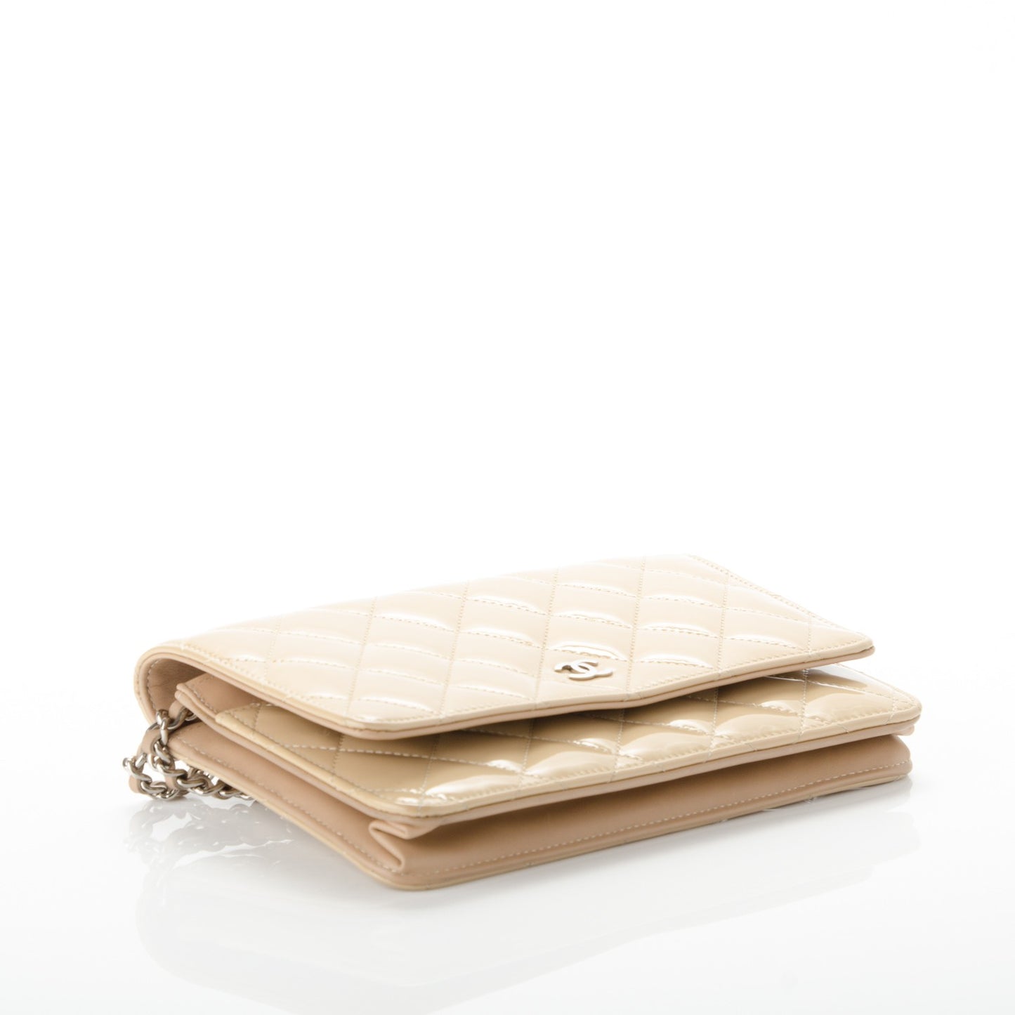 Patent Quilted Wallet On Chain WOC Beige