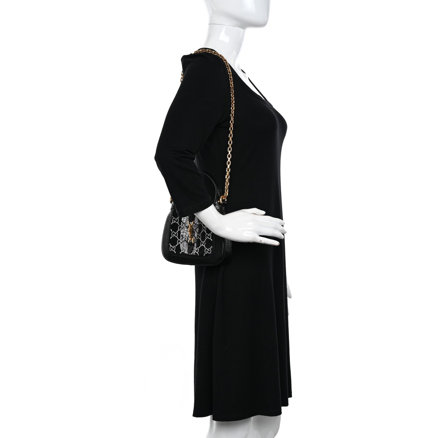 Gucci Lizard Mesh Crystal GG Monogram Mini Jackie 1961 Hobo Black 2 of 10