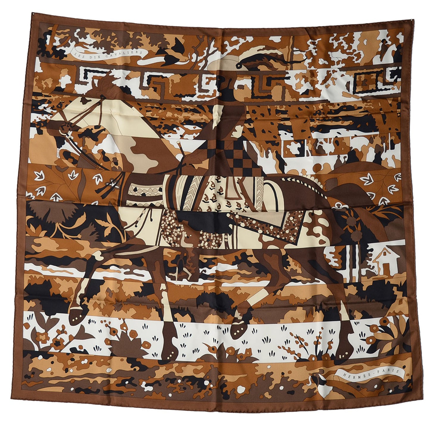 Silk Les Dix Cavaliers Scarf 90 Chocolate Beige Dore Blanc