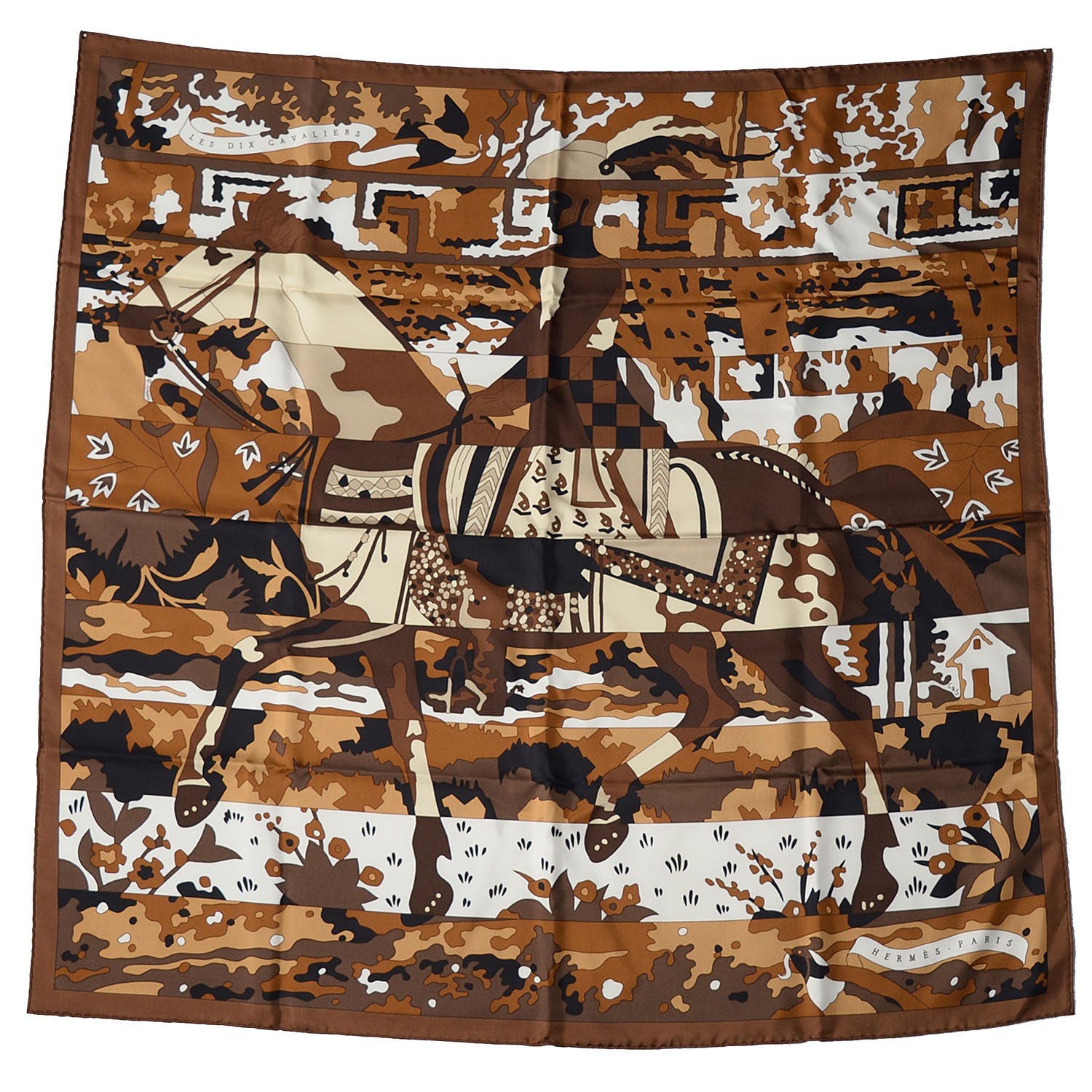 Hermes Silk Les Dix Cavaliers Scarf 90 Chocolate Beige Dore Blanc 2 of 6