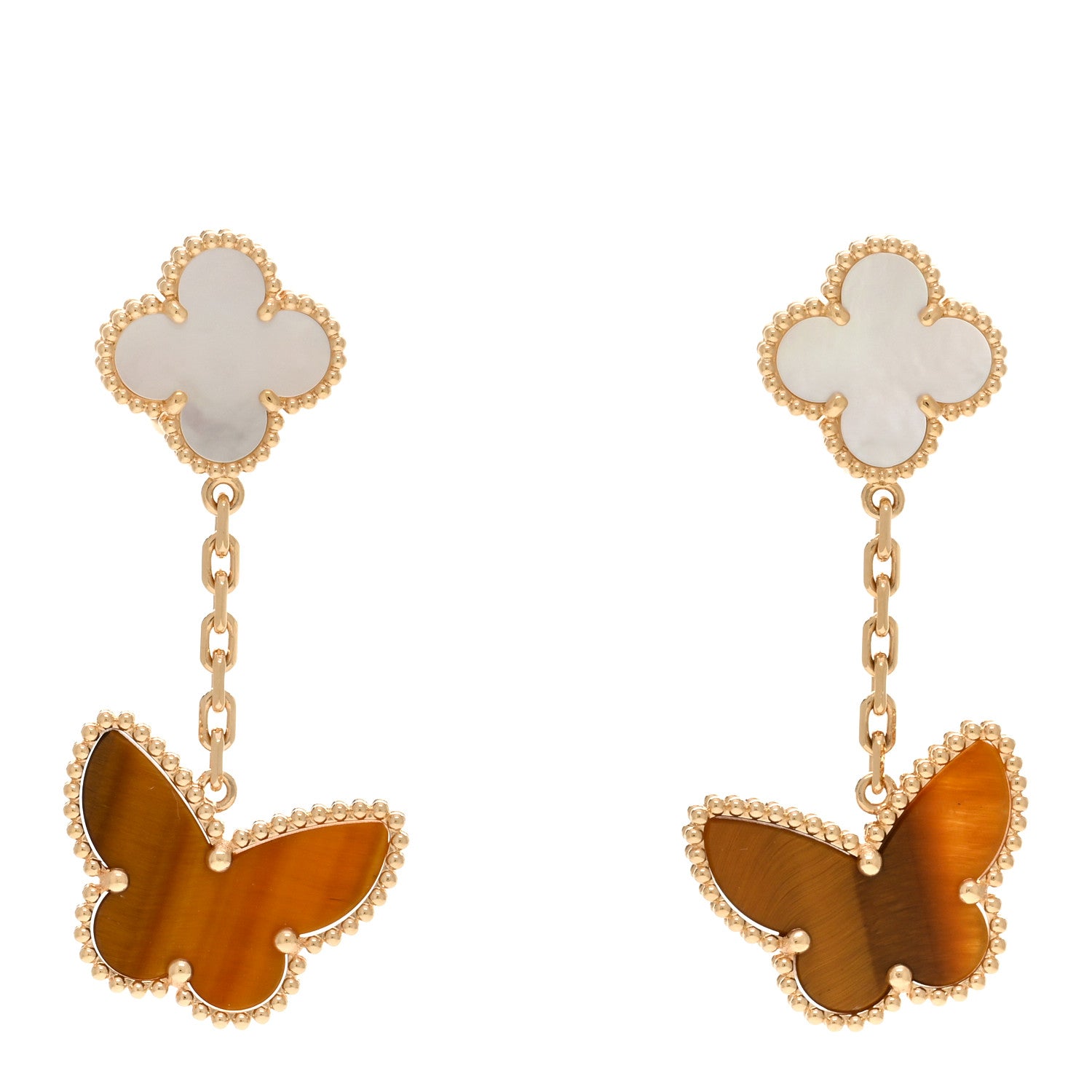 Van Cleef & Arpels VAN CLEEF & ARPELS 18K Yellow Gold Mother of Pearl Tiger's Eye Lucky Alhambra 2 Motifs Butterfly Earrings 1 of 4