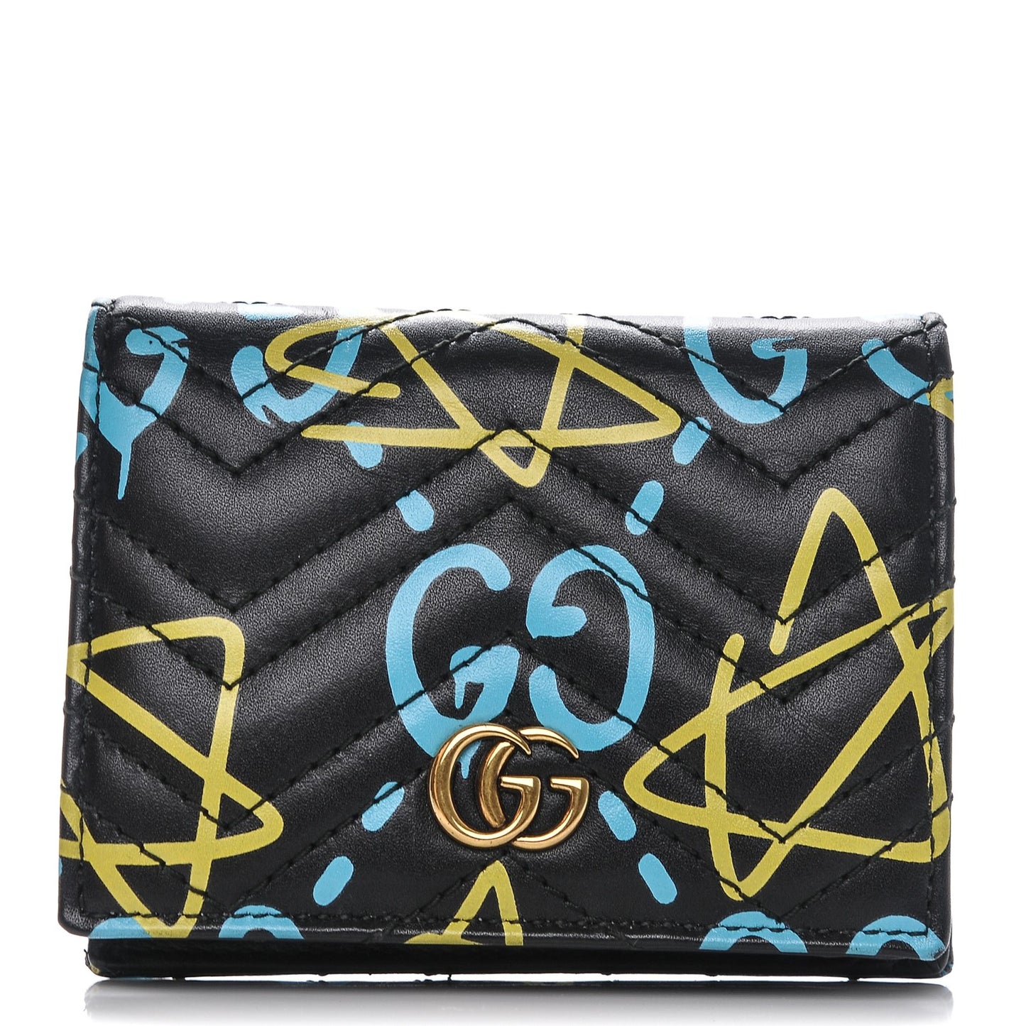 Calfskin Matelasse GucciGhost GG Marmont Card Case Wallet Black New Acquamarine