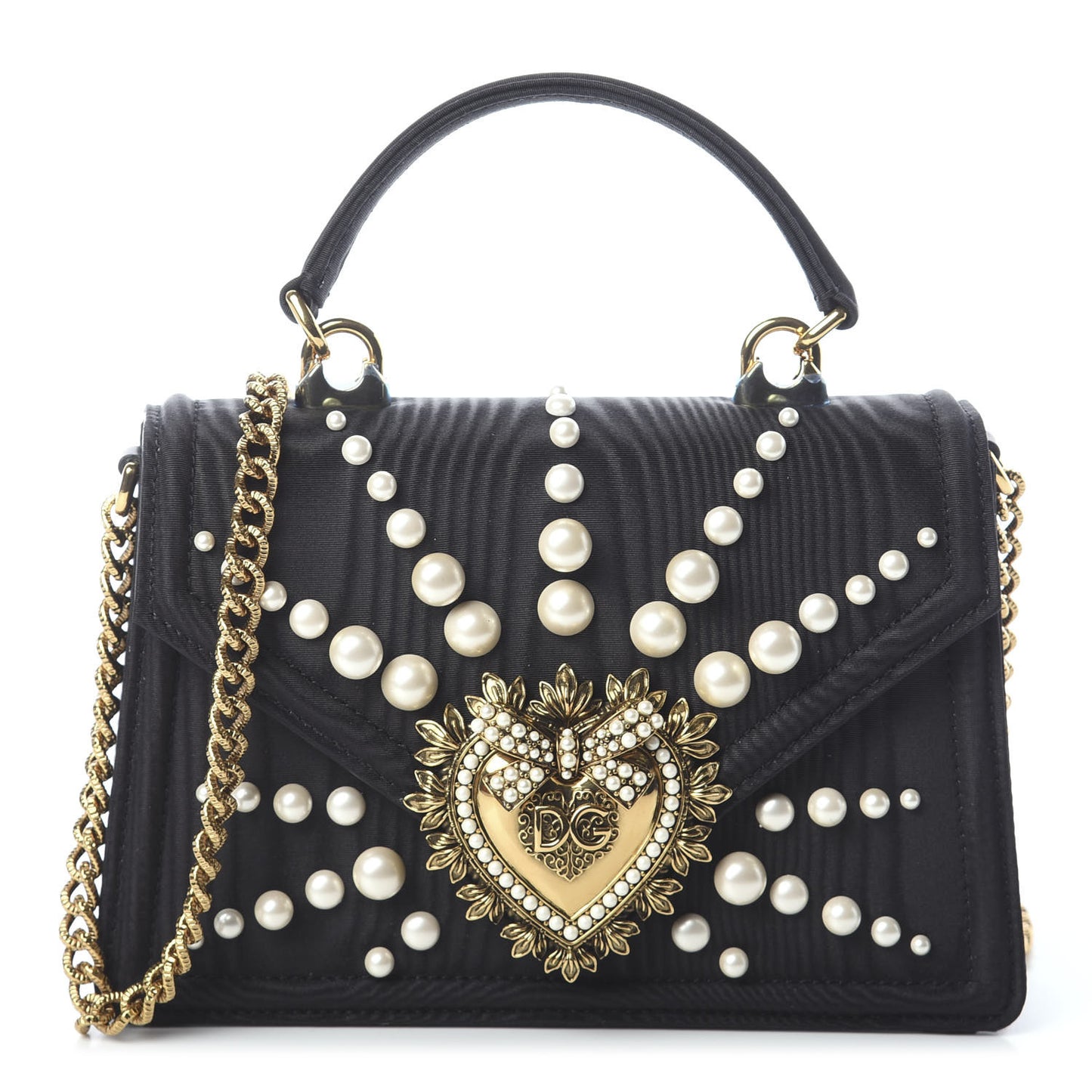 Moire Pearl Embellished Small Devotion Top Handle Bag Black