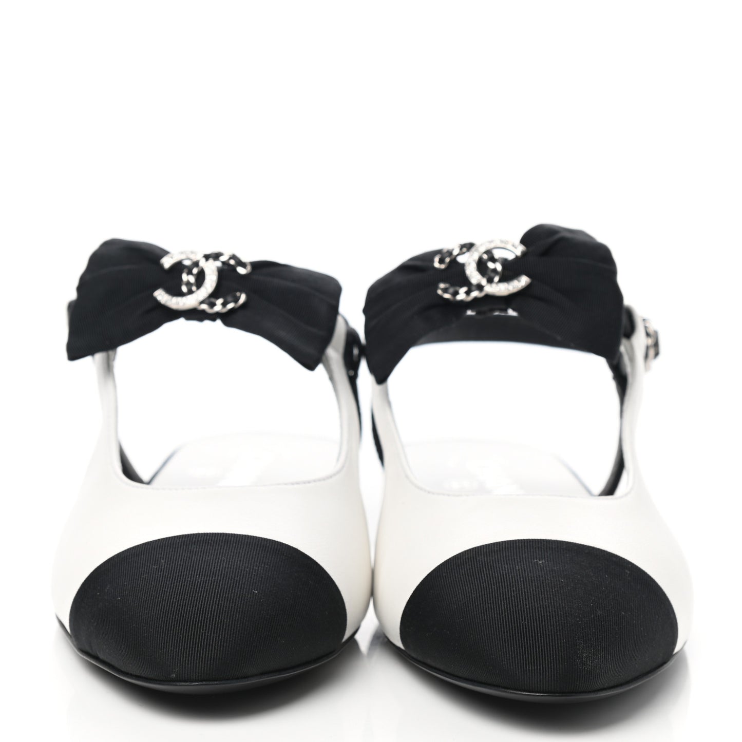 Lambskin Grosgrain Crystal Chain CC Logo Bow Slingback Flats 38 White Black