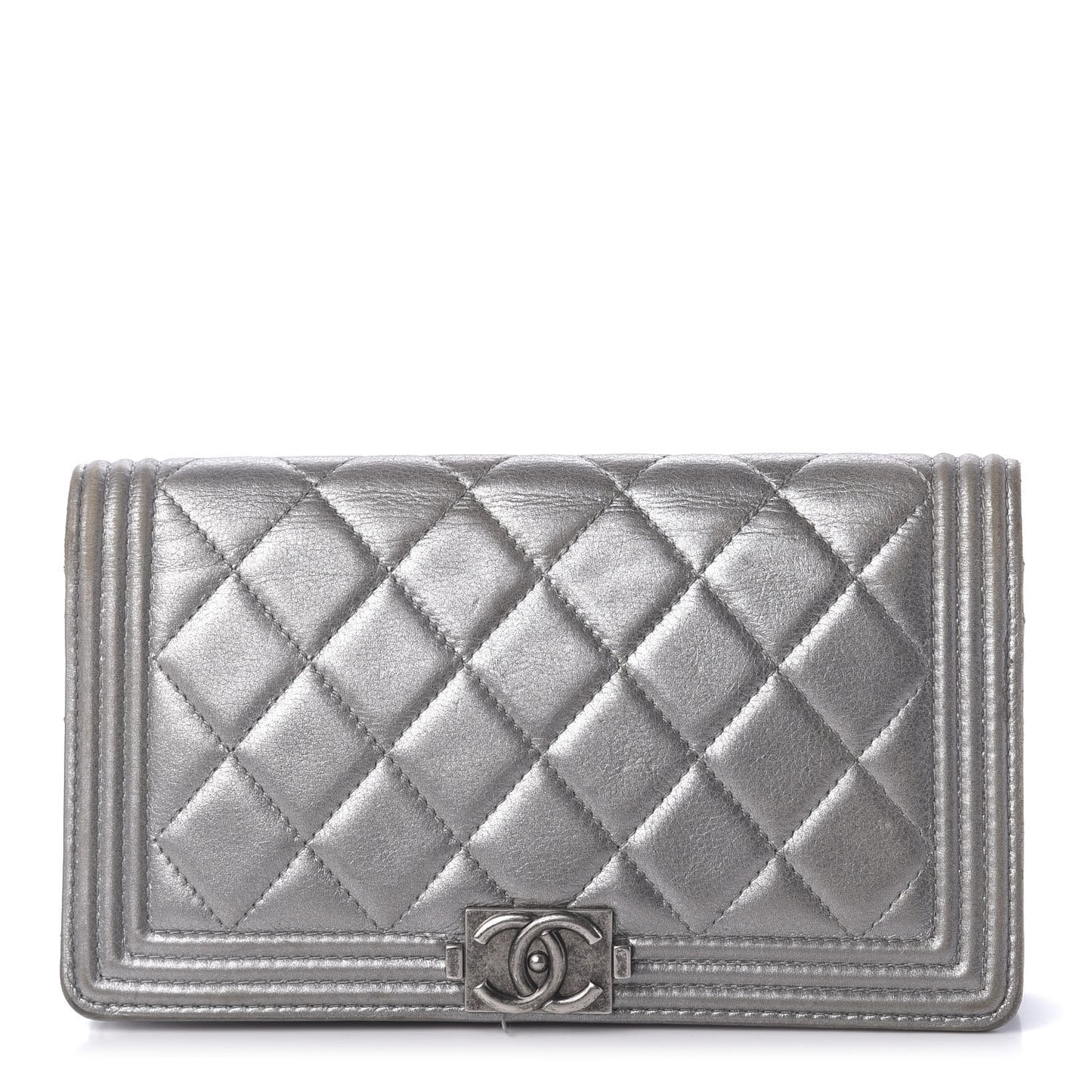 Metallic Calfskin Quilted Boy Yen Wallet Silver
