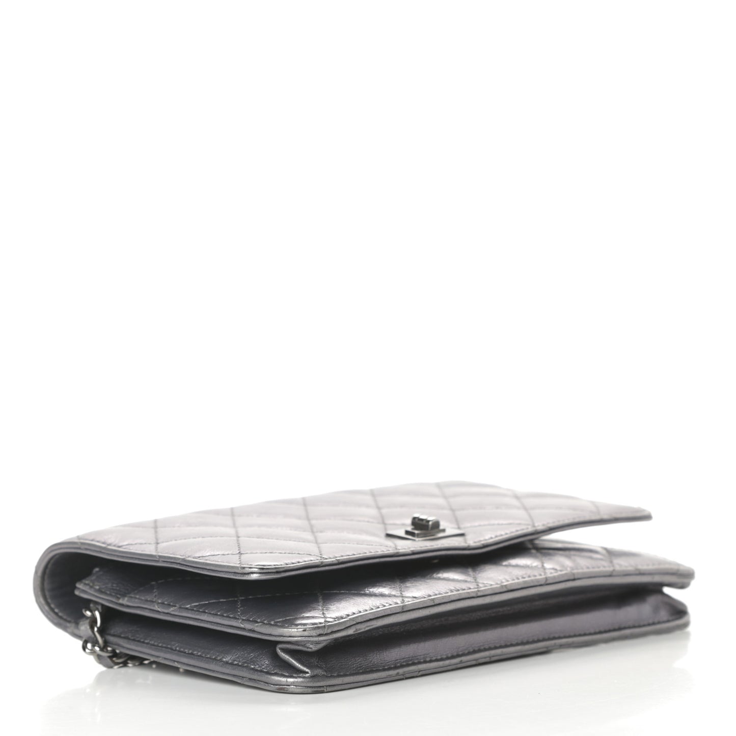 Metallic Aged Calfskin Quilted Reissue Wallet On Chain WOC Dark Silver