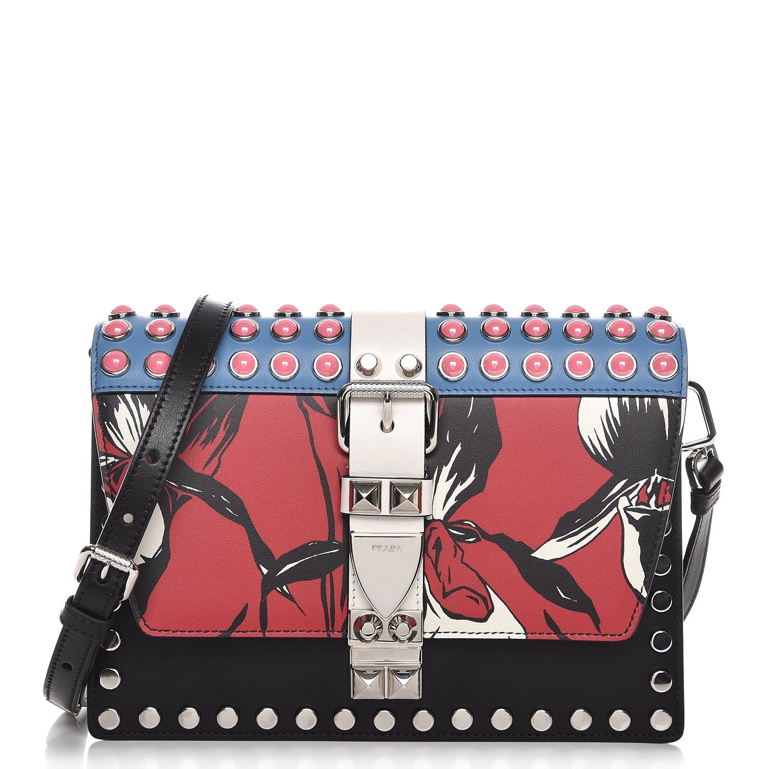 Prada City Calfskin Orchid Print Studded Elektra Shoulder Bag Fuoco Black 1 of 9