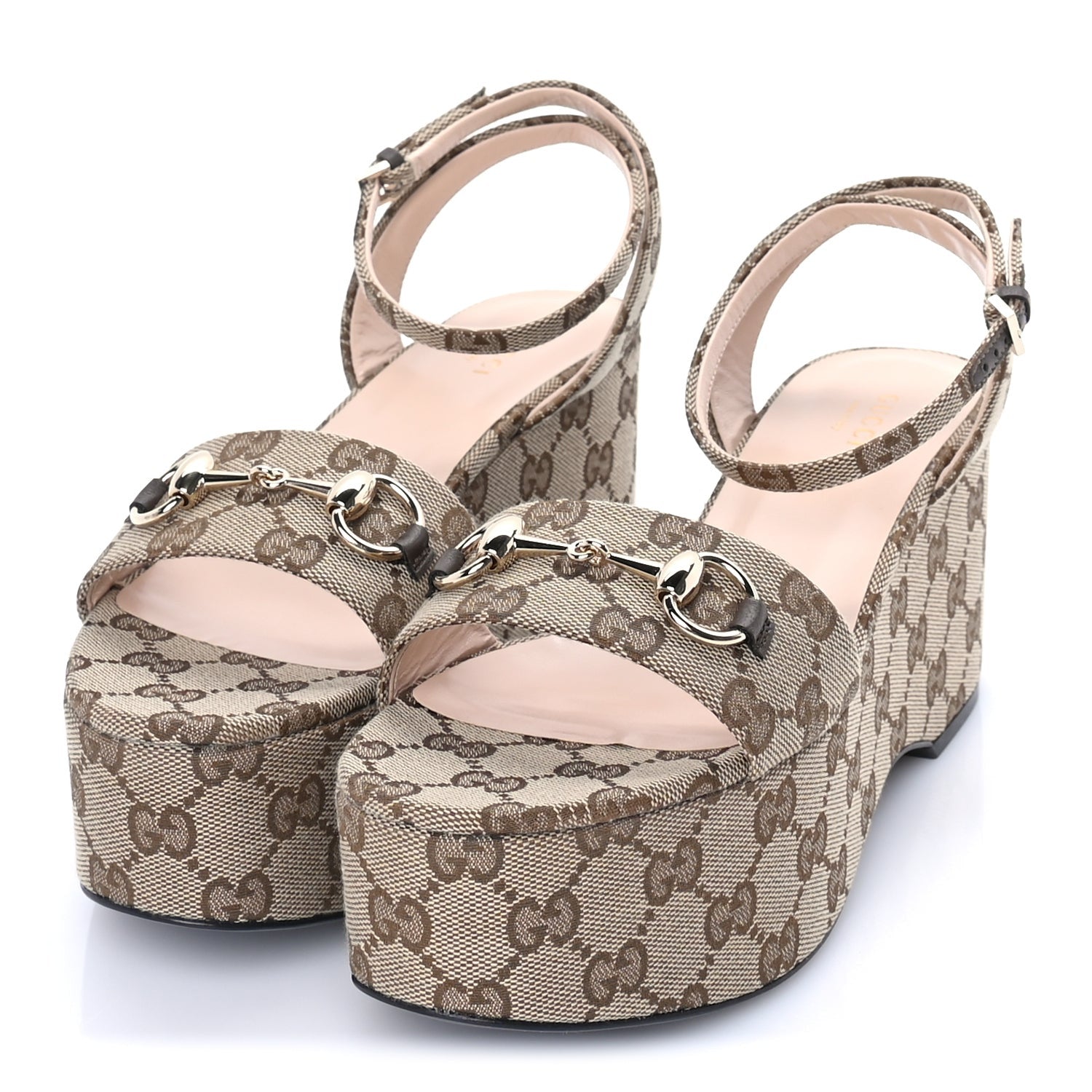 Gucci Monogram Nappa Chalotte Horsebit Ankle Strap 75mm Flatform Sandals 38  Beige Ebony 2 of 7