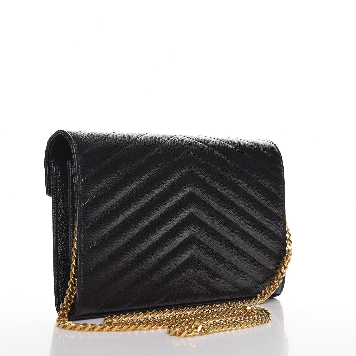 Saint Laurent Grain De Poudre Matelasse Chevron Monogram Chain Wallet Black 3 of 8