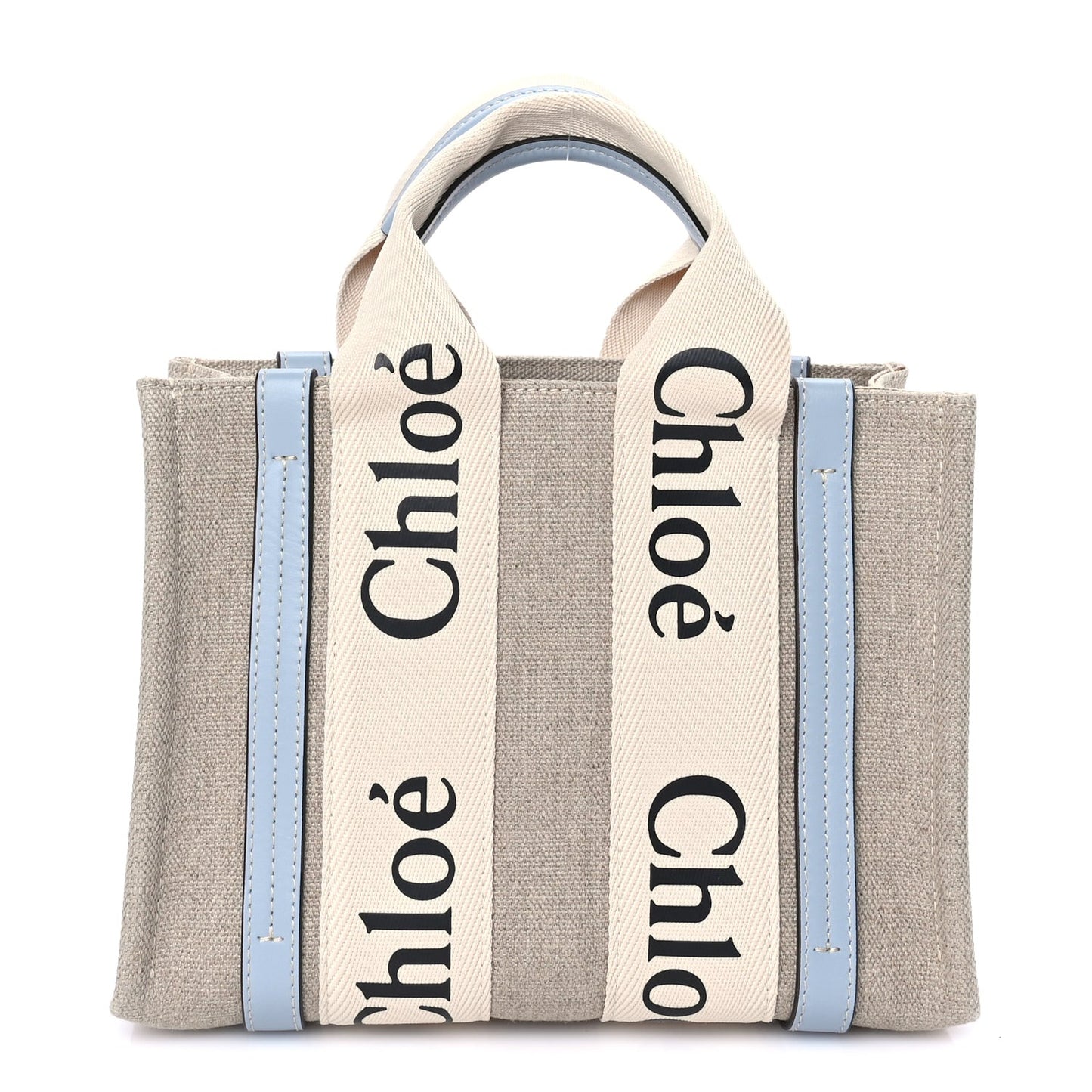 Cotton Calfskin Small Woody Ribbon Tote With Strap Light Blue
