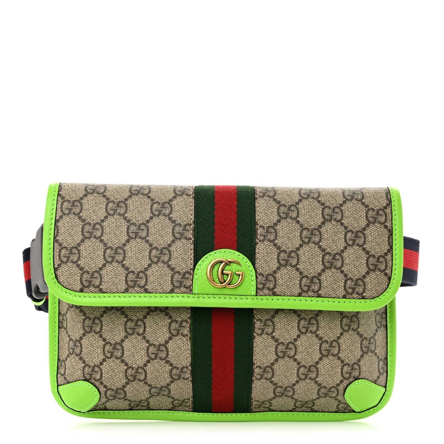 GG Supreme Monogram Web Small Ophidia Belt Bag Beige Ebony Electric Green