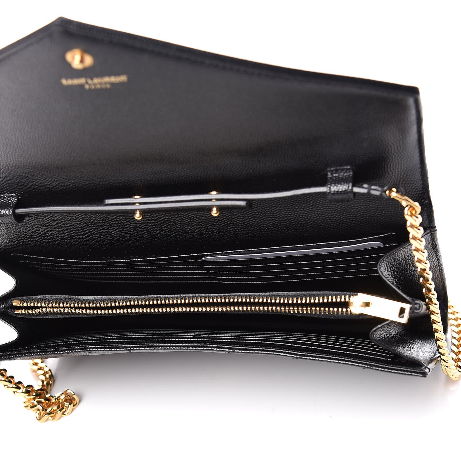 Saint Laurent Grain De Poudre Matelasse Chevron Monogram Chain Wallet Black 7 of 10