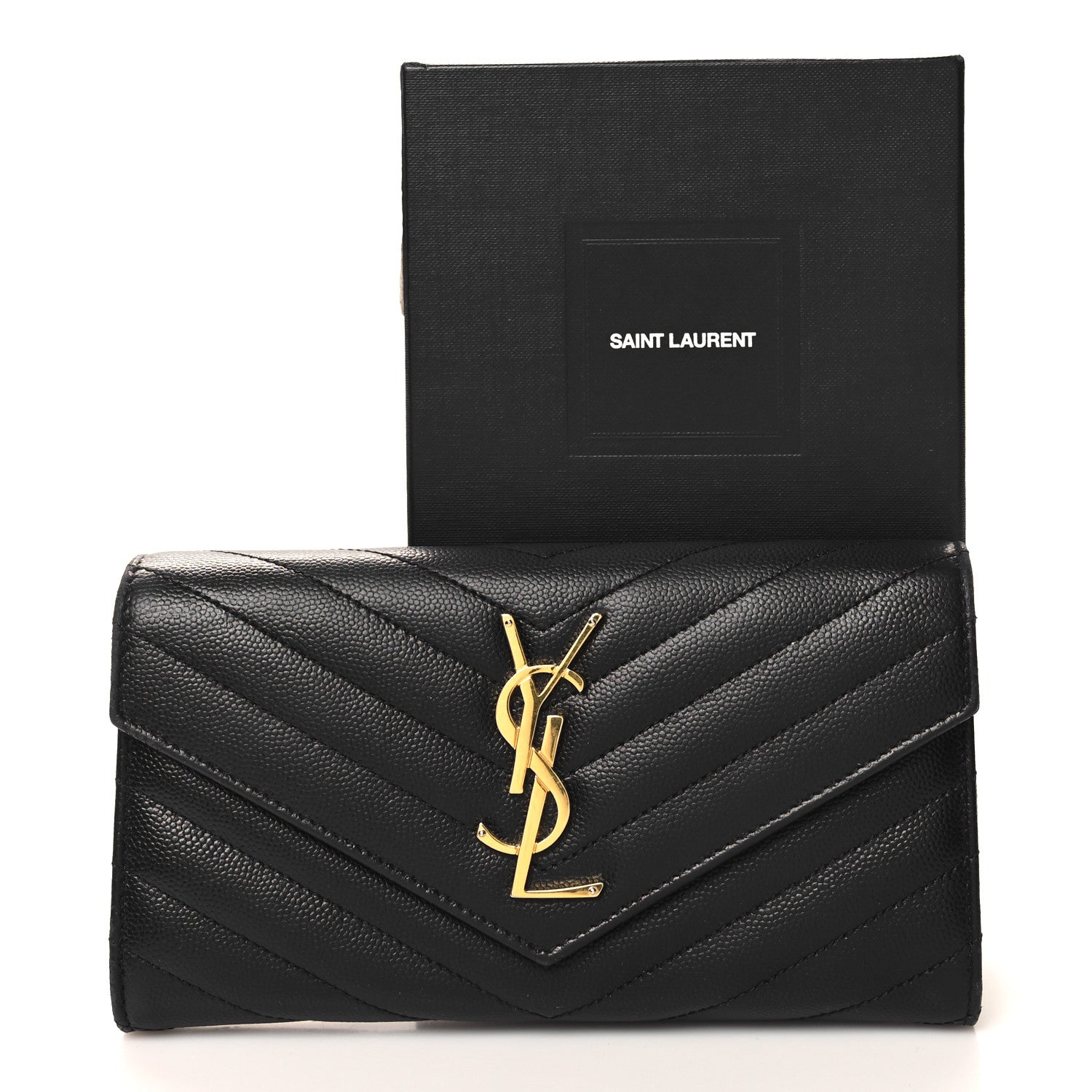 Saint Laurent Grain De Poudre Matelasse Chevron Monogram Flap Wallet Black 9 of 9