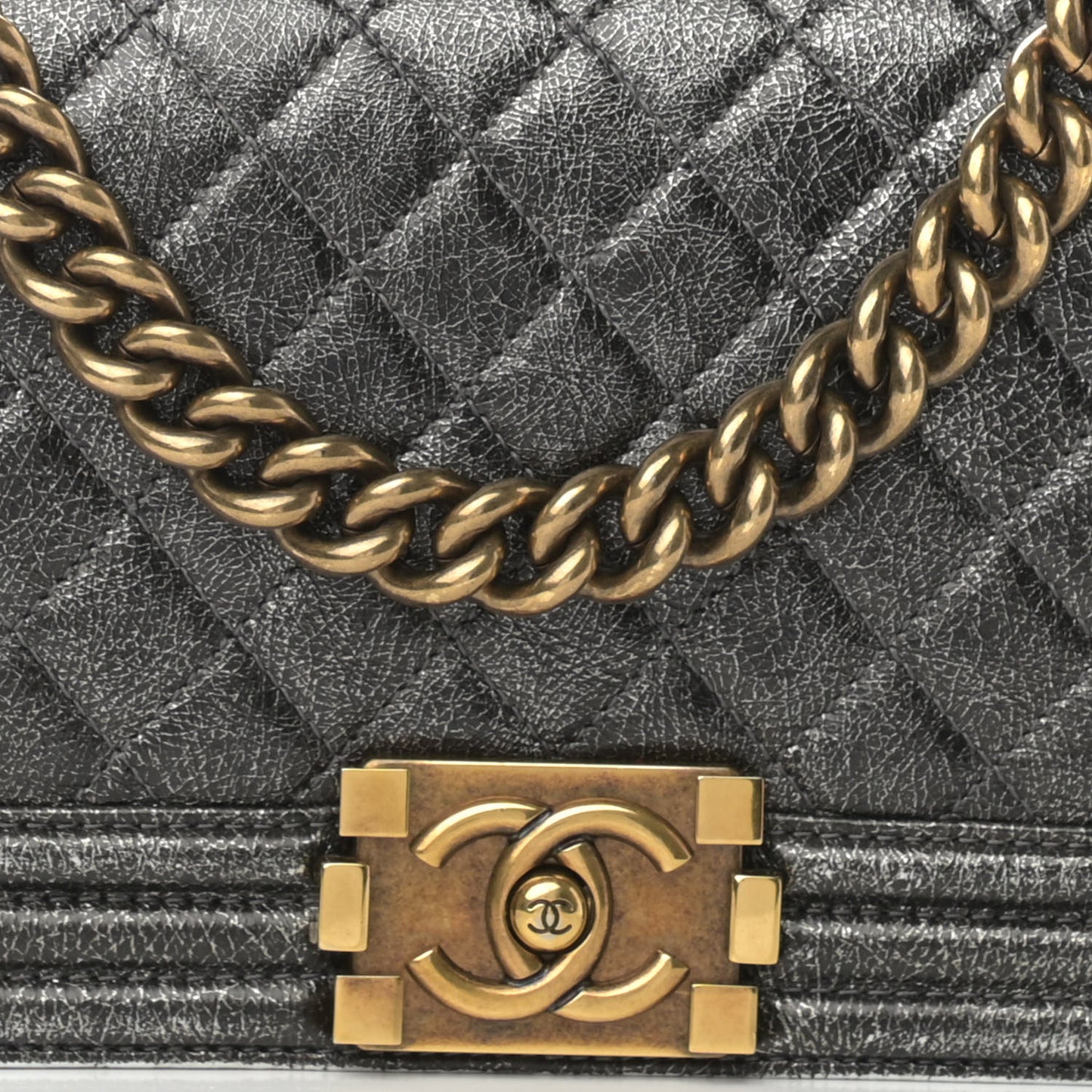 Cracked Metallic Calfskin Quilted Medium Boy Flap Dark Silver