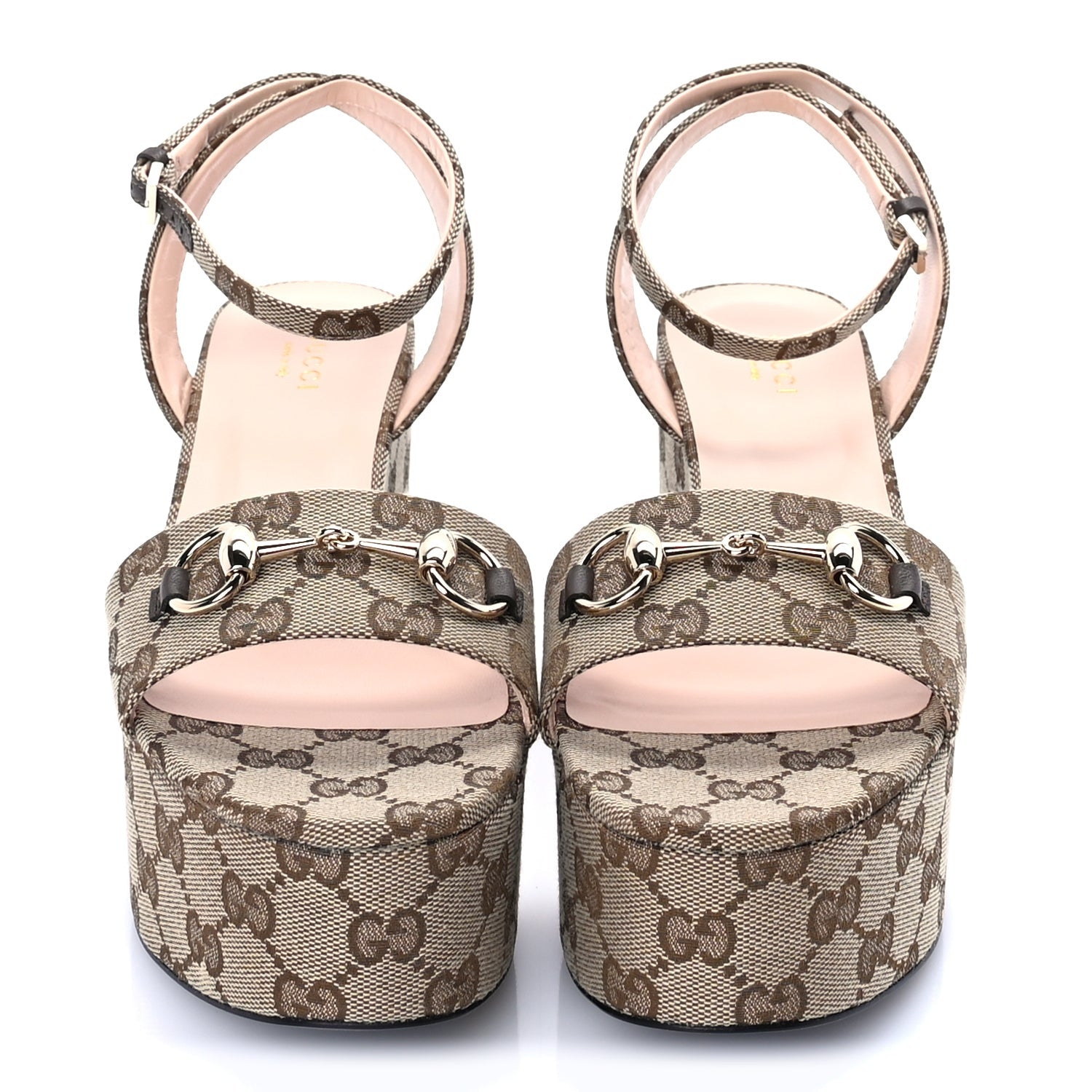 Gucci Monogram Nappa Chalotte Horsebit Ankle Strap 75mm Flatform Sandals 38.5  Beige Ebony 3 of 8