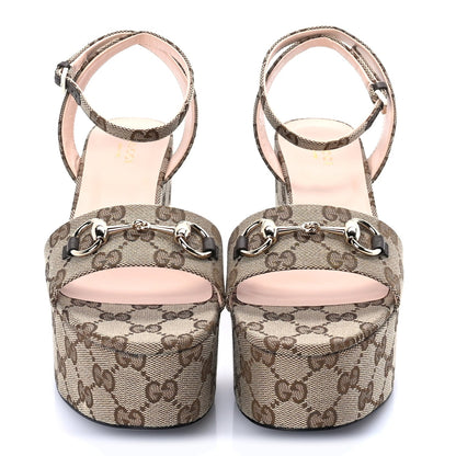 Gucci Monogram Nappa Chalotte Horsebit Ankle Strap 75mm Flatform Sandals 38.5  Beige Ebony 3 of 8