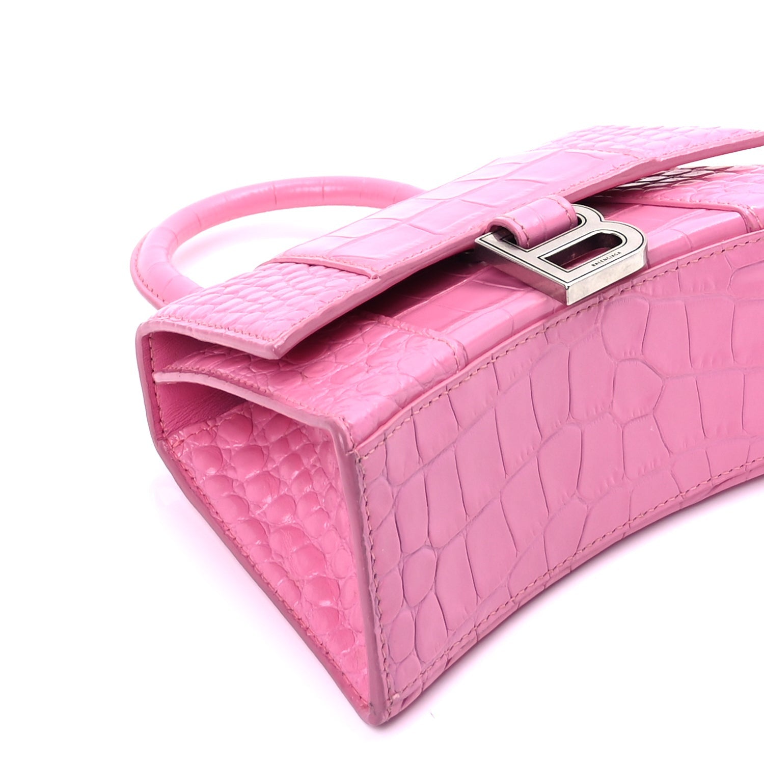 Balenciaga Shiny Calfskin Crocodile Embossed Hourglass Top Handle Bag XS Baby Pink 7 of 8