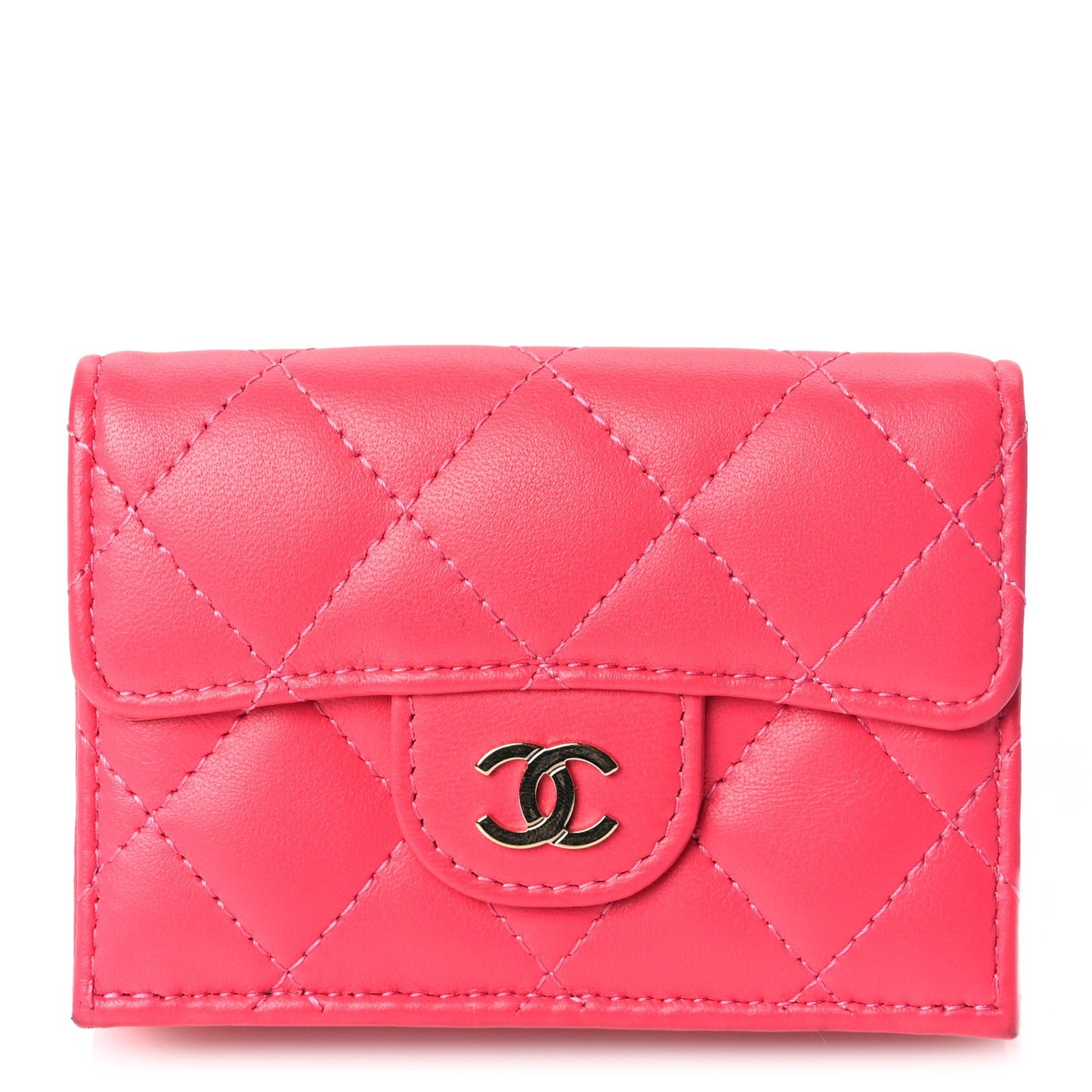 Lambskin Quilted Tri-Fold Flap Wallet Pink