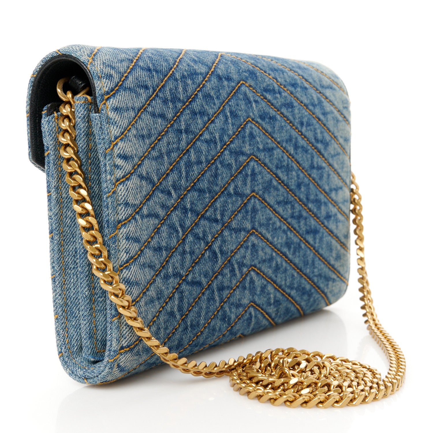 Saint Laurent Denim Matelasse Chevron Monogram Chain Wallet Blue Jeans 3 of 9