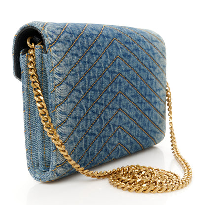 Saint Laurent Denim Matelasse Chevron Monogram Chain Wallet Blue Jeans 3 of 9