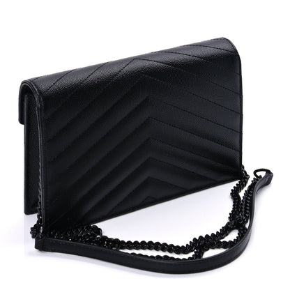 Saint Laurent Grain De Poudre Matelasse Chevron Monogram Monochrome Envelope Chain Wallet Black 2 of 8