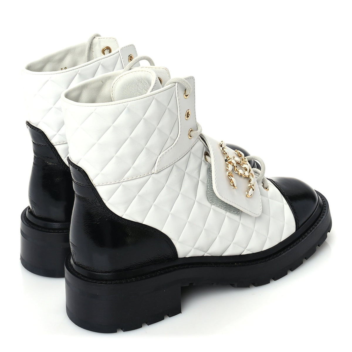 Chanel Shiny Goatskin Calfskin Quilted Lace Up Combat Boots  39 Ivory Black 4 of 7