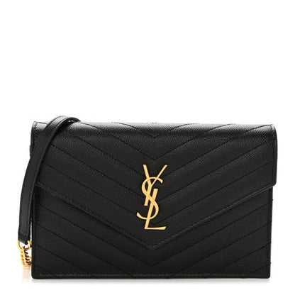 Saint Laurent Grain De Poudre Matelasse Chevron Monogram Envelope Chain Wallet Black 1 of 9