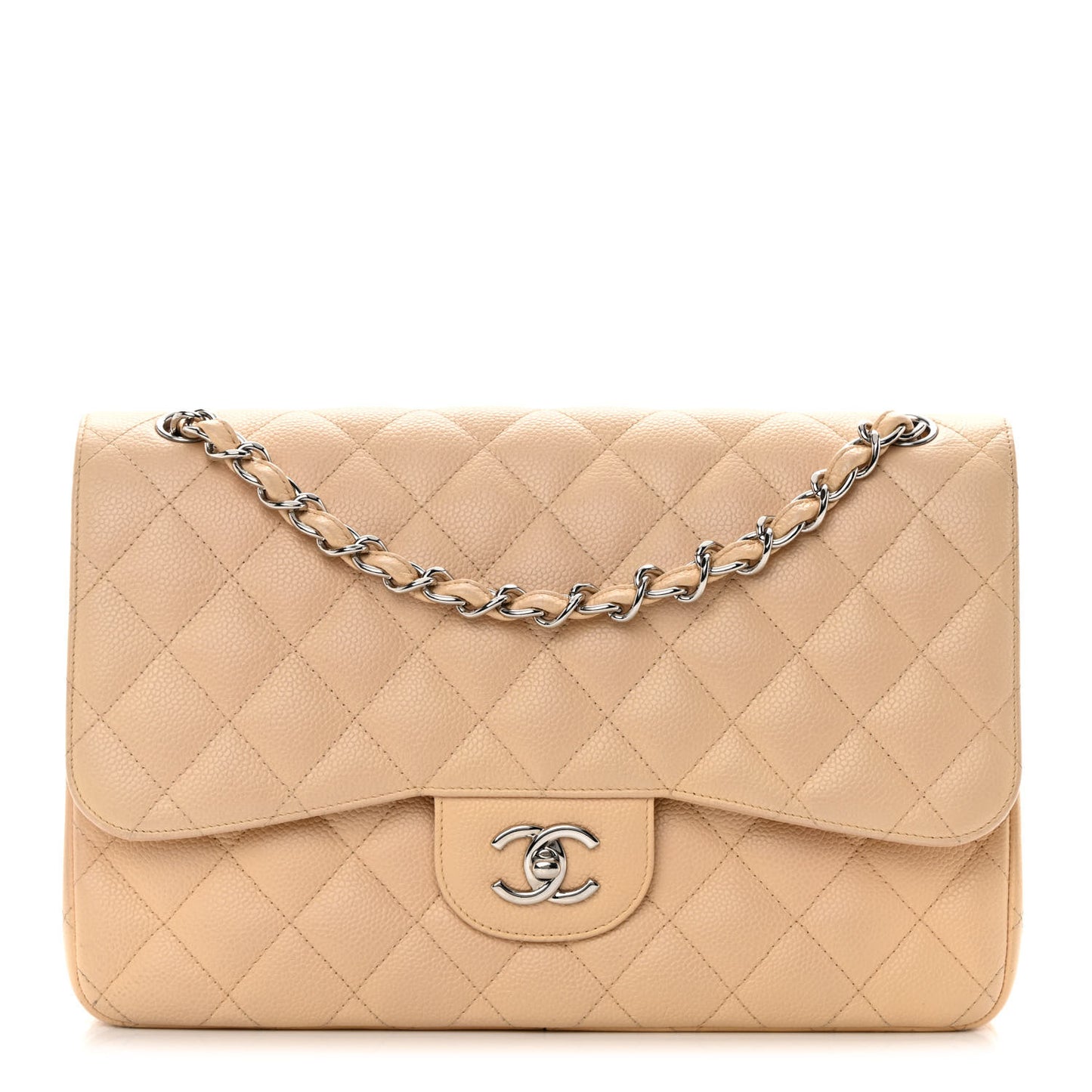 Caviar Quilted Jumbo Double Flap Beige