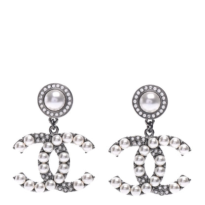 Chanel Pearl Crystal CC Drop Earrings Silver 1 of 5