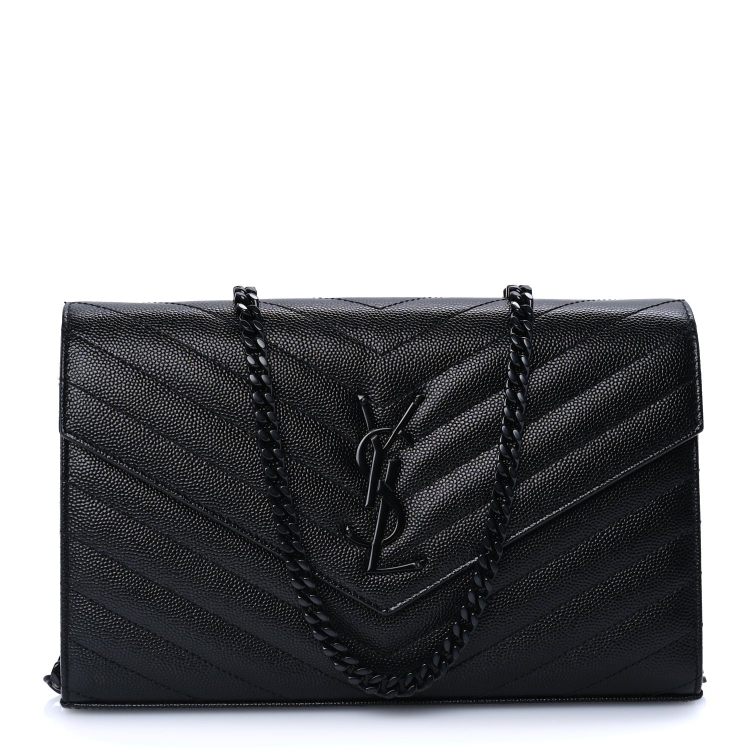 Saint Laurent Grain De Poudre Matelasse Chevron Monogram Monochrome Chain Wallet  Black 1 of 8