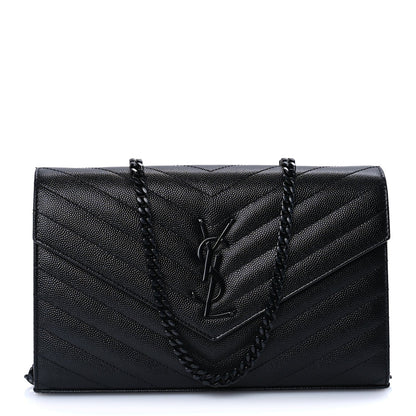 Saint Laurent Grain De Poudre Matelasse Chevron Monogram Monochrome Chain Wallet  Black 1 of 8