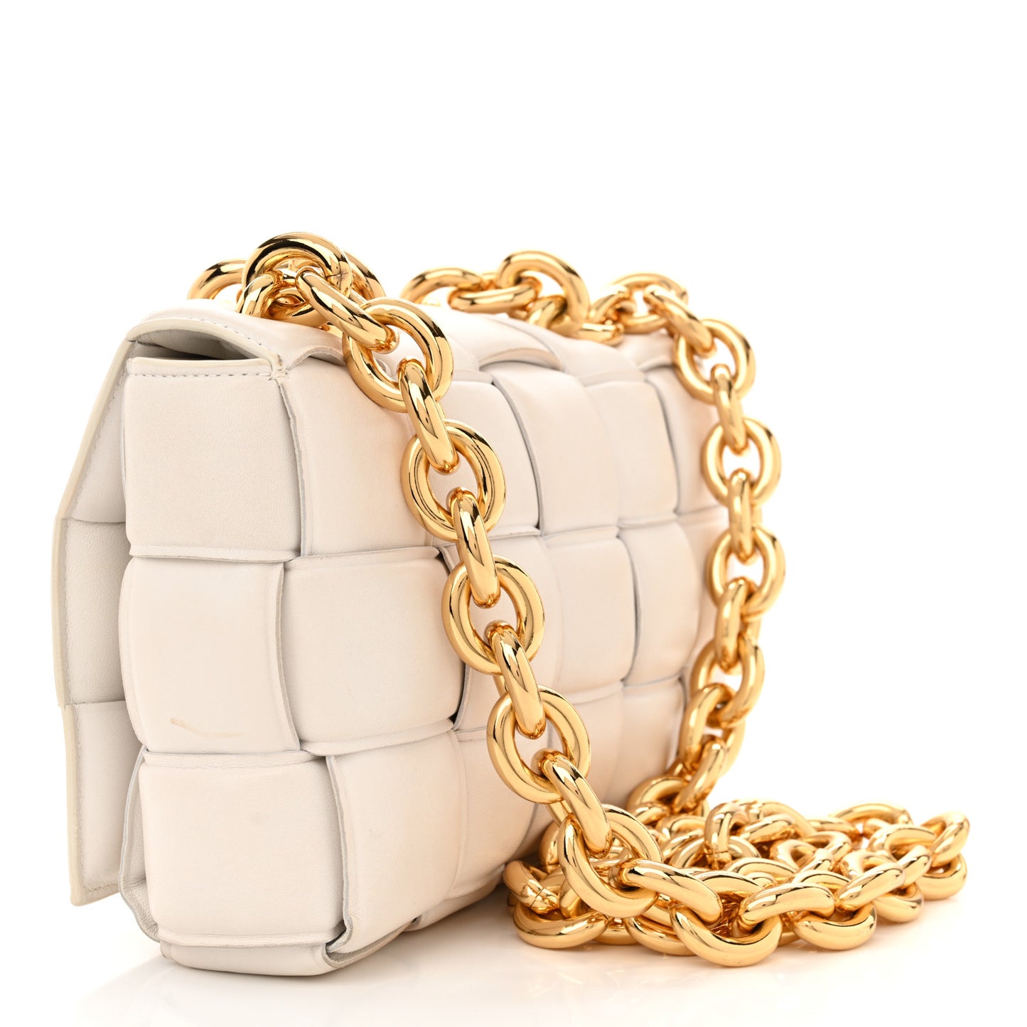 Lambskin Maxi Intreccio Padded Chain Cassette Crossbody Bag White
