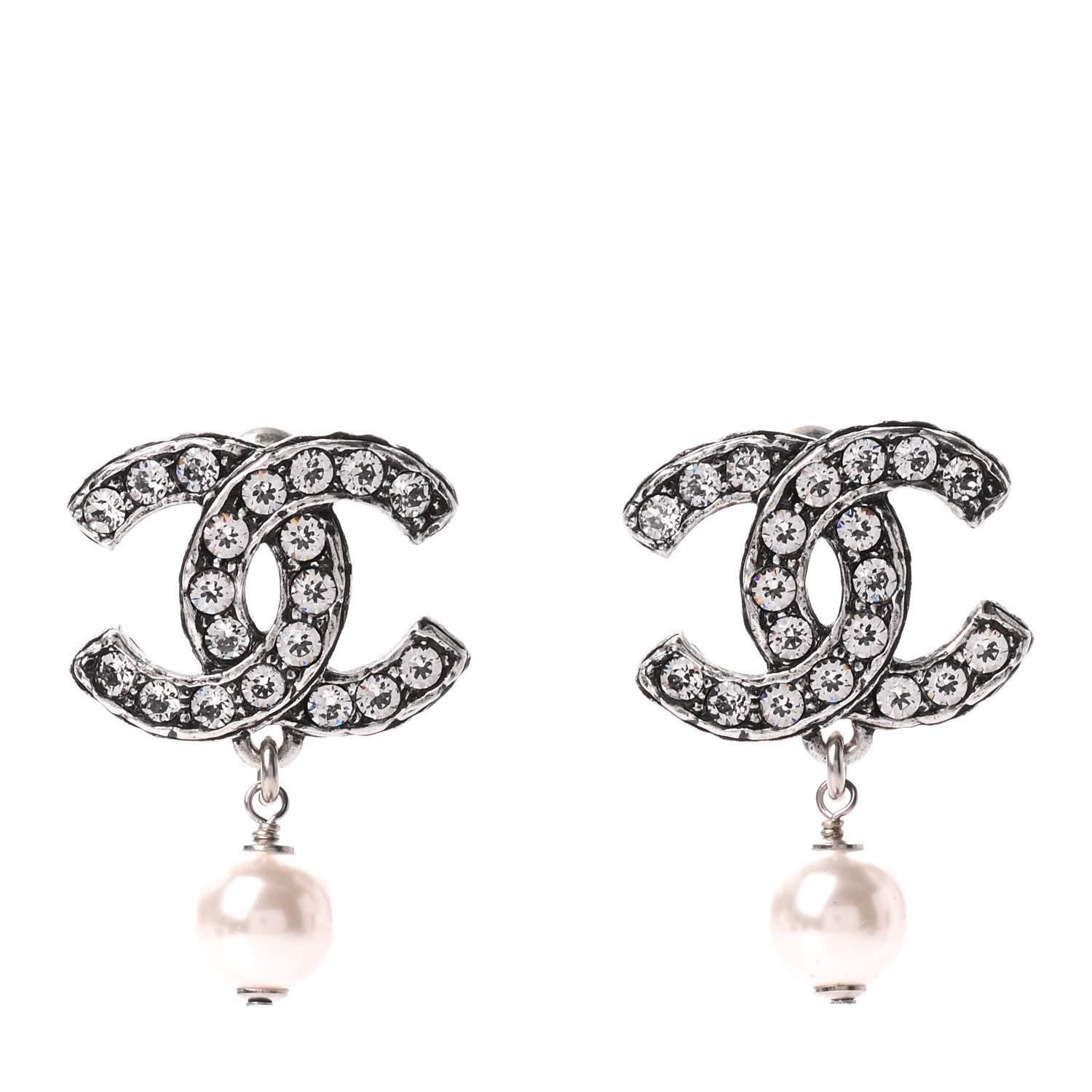 Chanel Ruthenium Crystal Pearl CC Drop Earrings 1 of 5