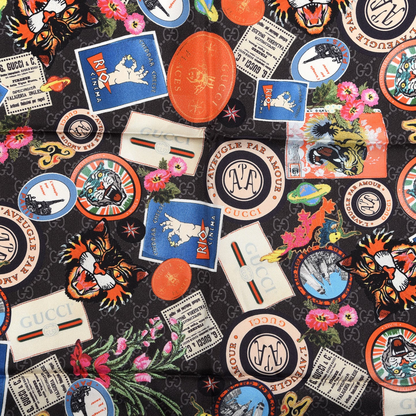 Silk Twill Monogram Courrier Square Scarf Black Light Grey