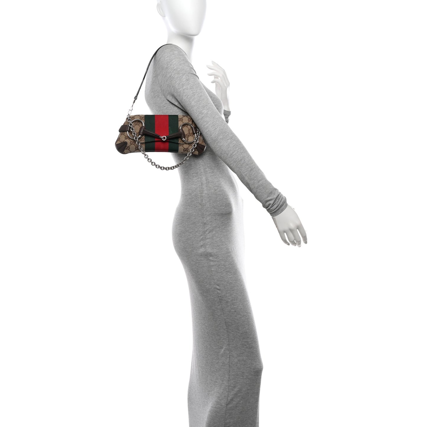 Monogram Textured Dollar Calfskin Heavy Grosgrain Web Small Maxi Horsebit Chain Shoulder Bag Beige Ebony New Acero