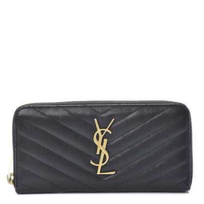 Saint Laurent Calfskin Matelasse Chevron Monogram Zip Around Wallet Black 1 of 10