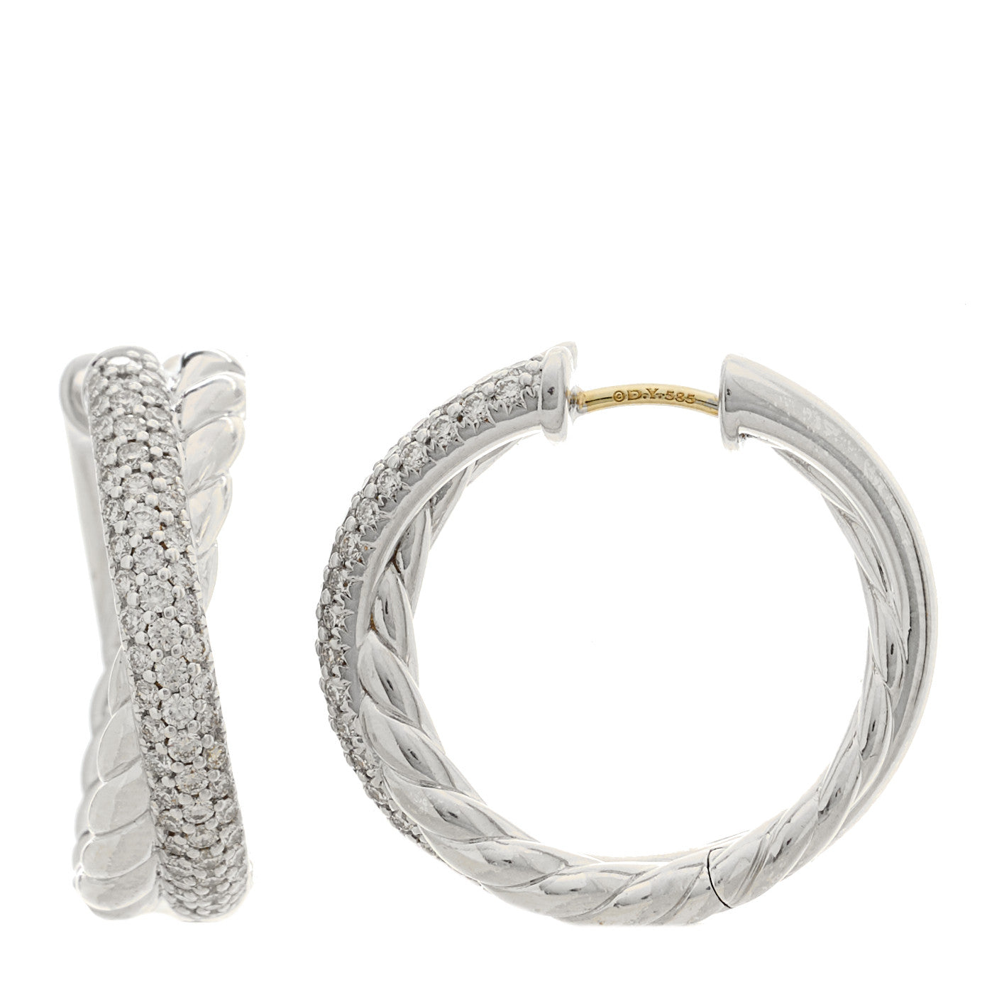 David Yurman Sterling Silver Diamond 22.4mm Crossover Hoop Earrings 1 of 4