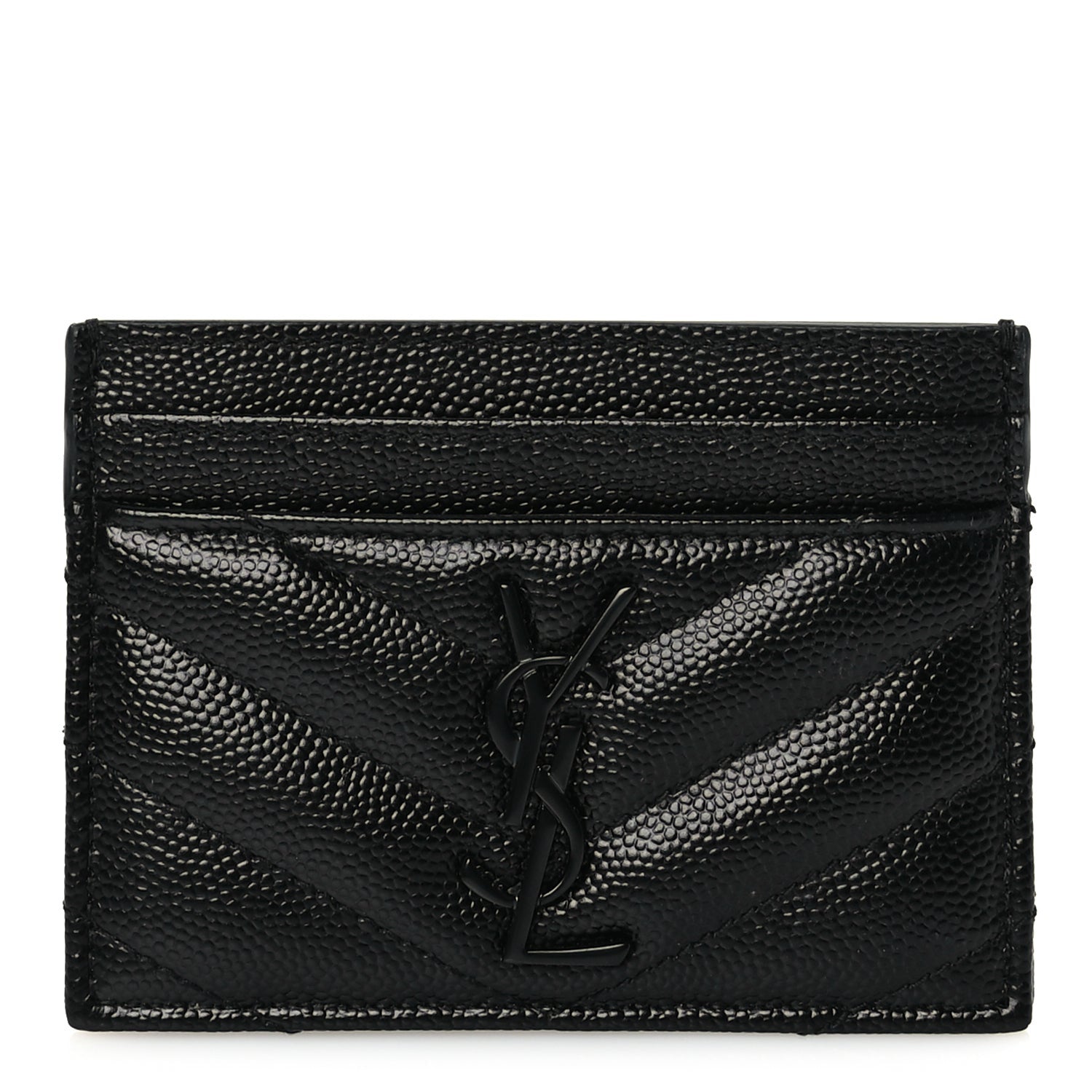 Saint Laurent Grain De Poudre Matelasse Chevron Monochrome Monogram Credit Card Case Black 1 of 8