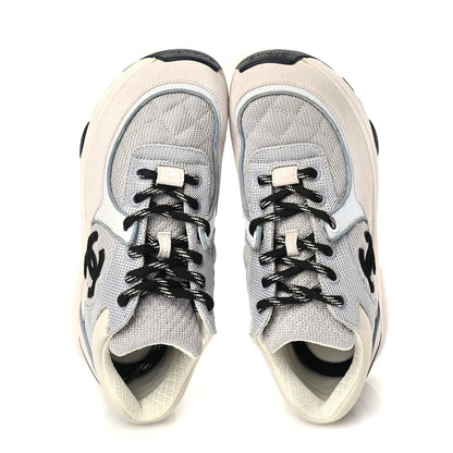 Chanel Mesh Suede Calfskin Grained Calfskin Womens CC Sneakers 37 Grey White 5 of 7