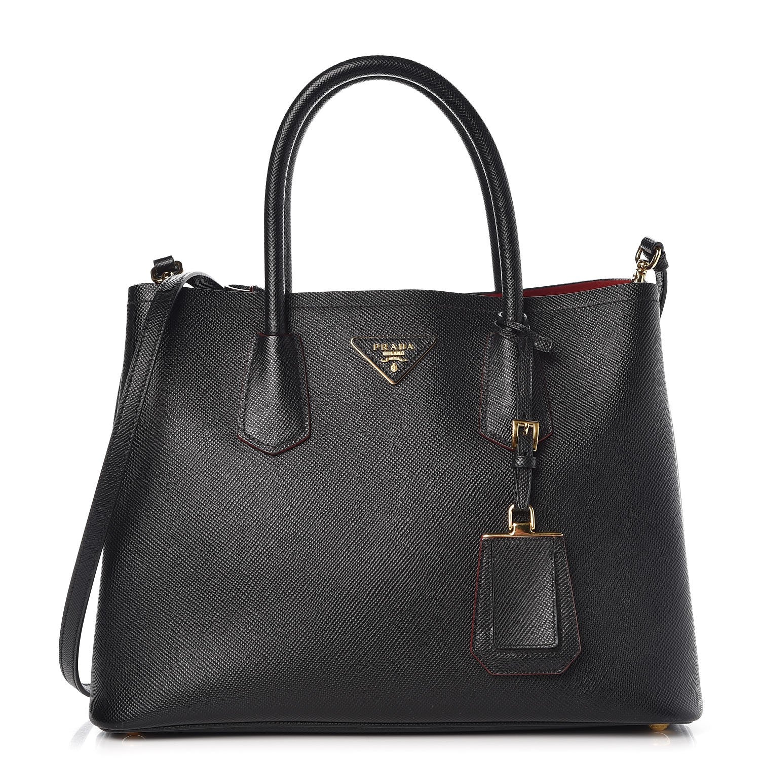 Prada Saffiano Cuir Medium Double Bag Black Fuoco 1 of 8