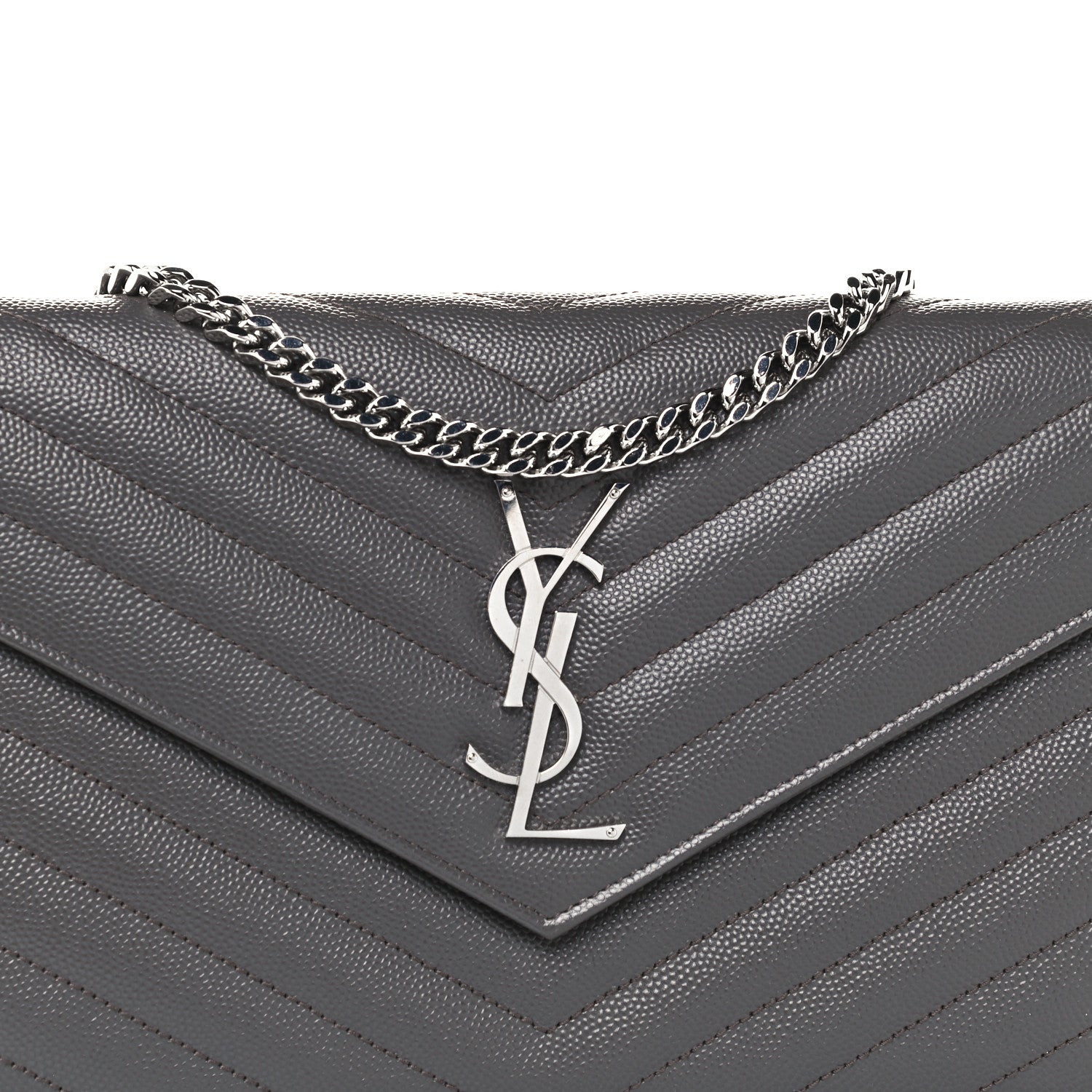Saint Laurent Grain De Poudre Matelasse Chevron Monogram Chain Wallet Coal 8 of 10